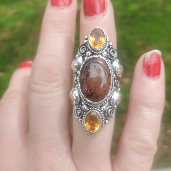 New Witchy Mahogany Obsidian & Citrine 925 Silver Statement Ring. - Picture 10 of 16